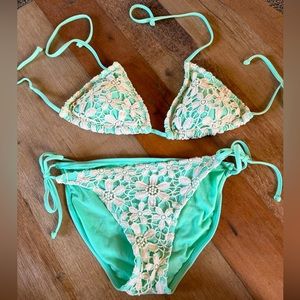 Teal and lace target bikini, bottoms are medium, top is small.